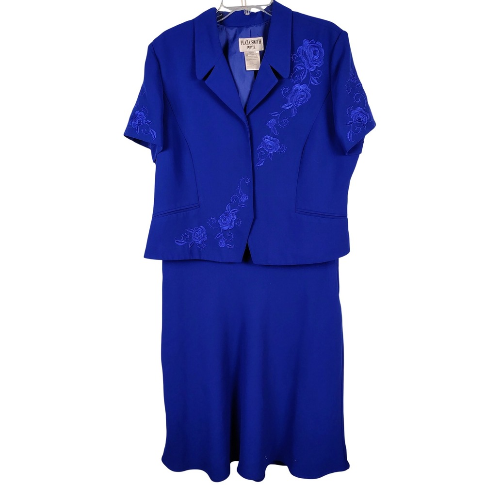 Womens SZ 16P Plaza South Skirt Suit Royal Blue Floral Embroidered Vintage Core